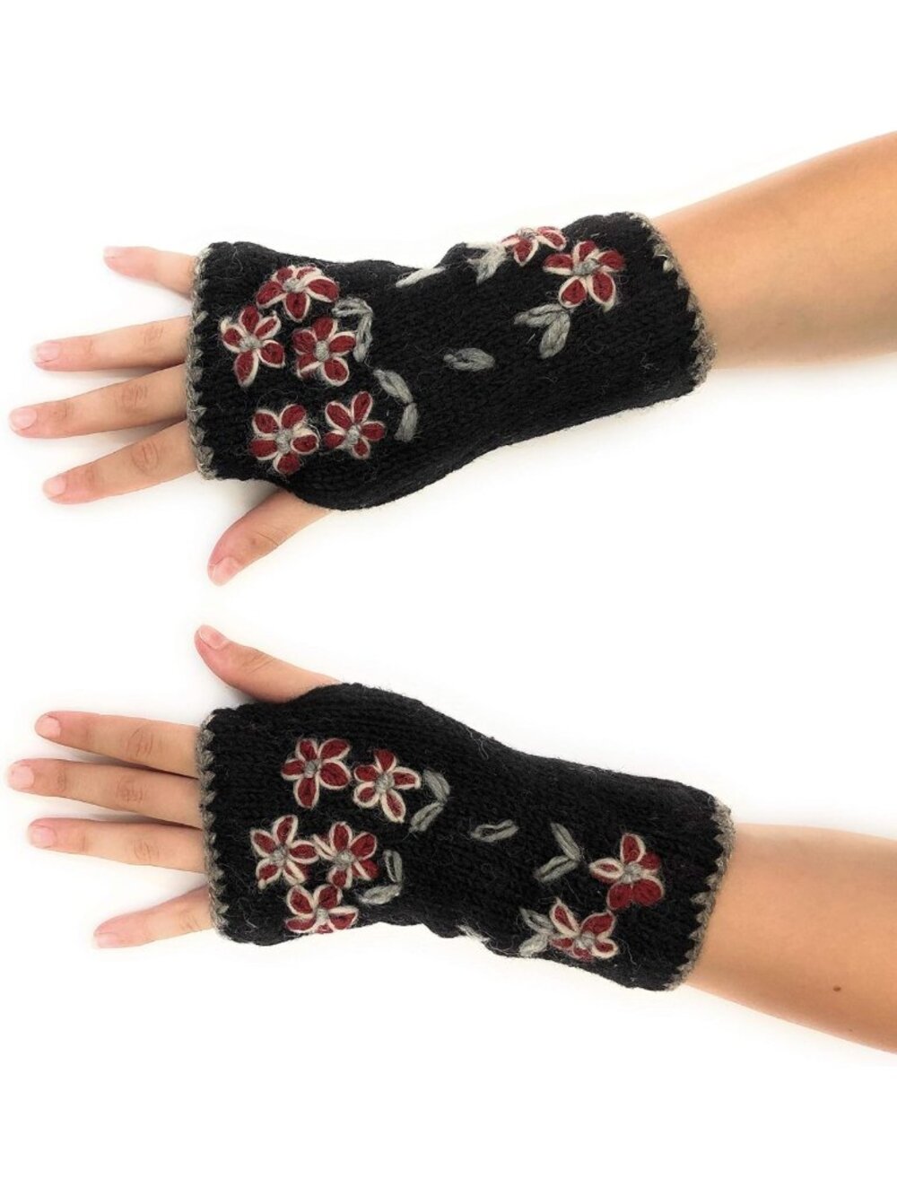 Cozy Hand Knit Fingerless Gloves with Embroidered Flowers | Warm Fleece Lined